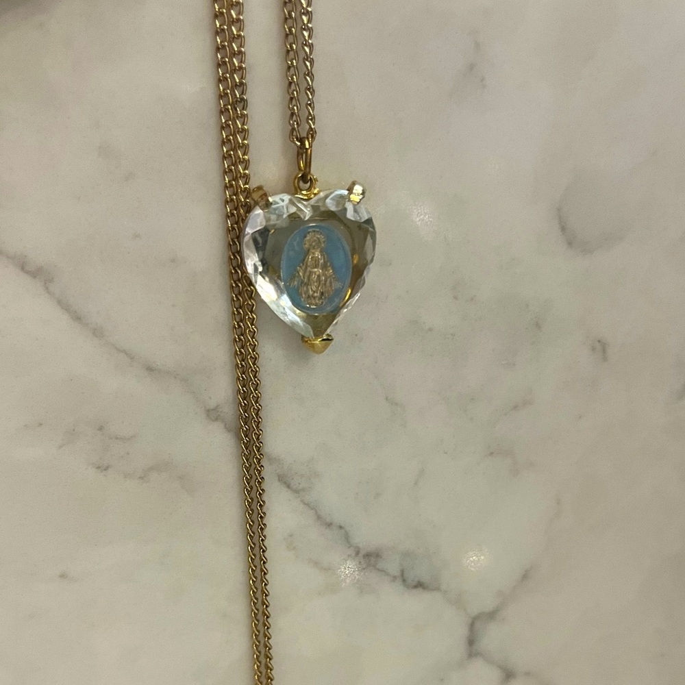 Intaglio blue Enameled Miraculous crystal heart Necklace